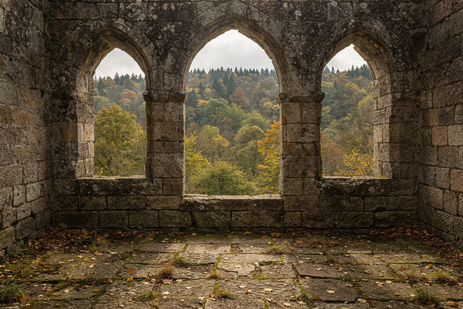 Weathered limestone arches opening onto a wooded landscape