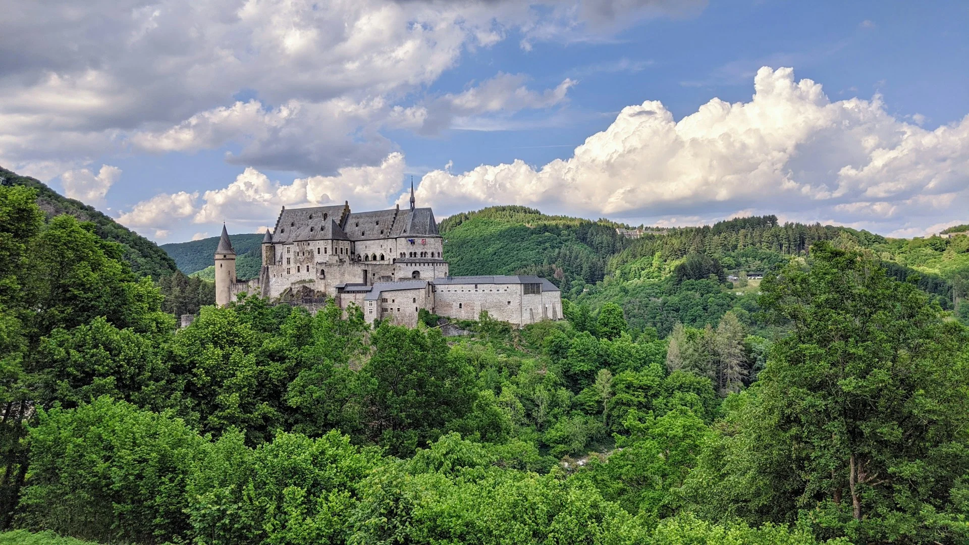 Vianden Castle and forest seen from across the valley